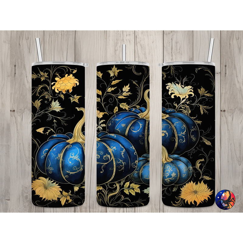 Seamless Dark Blue Pumpkins & Gold Toile Design, Fall 20 oz Skinny Straight Tumbler Sublimation Design, Tumbler Wrap, PNG Digital Download.jpg