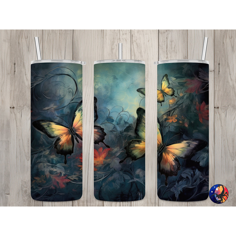 Seamless Dark Butterflies & Floral Design, Butterflies 20 oz Skinny Straight Tumbler Sublimation Design, Tumbler Wrap, PNG Digital Download.jpg