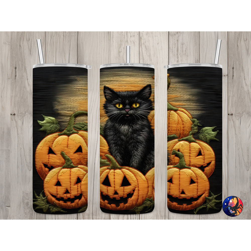 Seamless Embroidered Black Cat Design, Halloween 20 oz Skinny Straight Tumbler Sublimation Design, Tumbler Wrap, PNG File, Digital Download.jpg