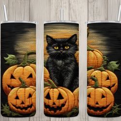 seamless embroidered black cat design, halloween 20 oz skinny straight tumbler sublimation design, tumbler wrap, png fil
