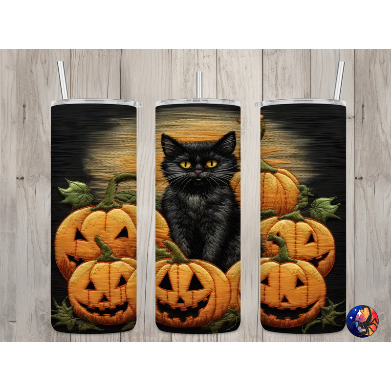 Seamless Embroidered Black Cat Design, Halloween 20 oz Skinny Straight Tumbler Sublimation Design, Tumbler Wrap, PNG File, Digital Download.jpg