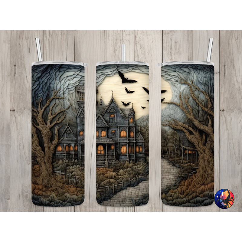 Seamless Embroidered Haunted House Design, Halloween 20 oz Skinny Straight Tumbler Sublimation Design, Tumbler Wrap, PNG Digital Download.jpg