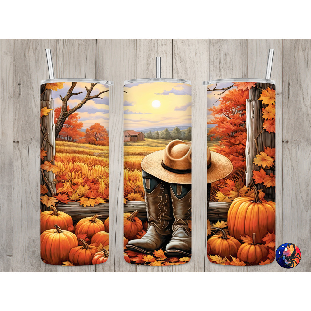 Seamless Fall Cowboy Boots Hat & Pumpkins Design, Fall 20 oz Skinny Straight Tumbler Sublimation Design, Tumbler Wrap, PNG Digital Download.jpg