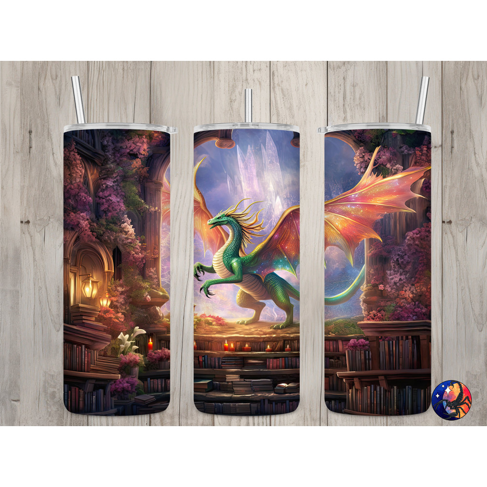 Seamless Fantasy Book Dragon & Library Design, Dragon 20 oz Skinny Straight Tumbler Sublimation Design, Tumbler Wrap, PNG Digital Download.jpg