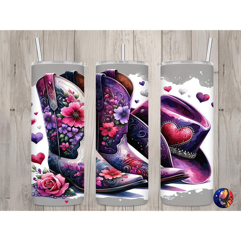Seamless Floral Cowgirl Boots & Hat Design, Valentine's 20 oz Skinny Straight Tumbler Sublimation Design, Tumbler Wrap, PNG Digital Download.jpg