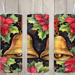seamless gold bells  poinsettias design, christmas 20 oz skinny straight tumbler sublimation design, tumbler wrap, png d