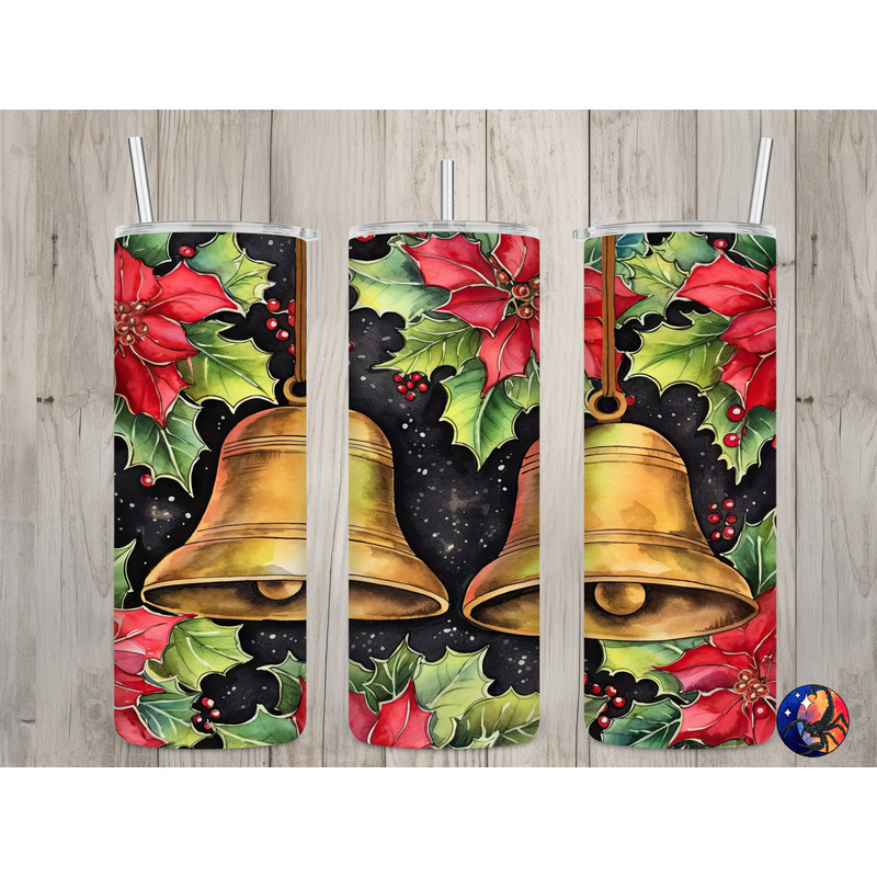 Seamless Gold Bells & Poinsettias Design, Christmas 20 oz Skinny Straight Tumbler Sublimation Design, Tumbler Wrap, PNG Digital Download.jpg