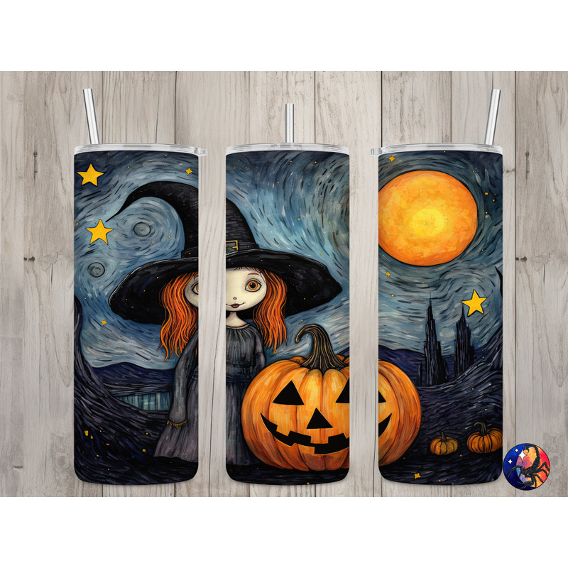 Seamless Goth Starry Night Cute Witch Design, Halloween 20 oz Skinny Straight Tumbler Sublimation Design, Tumbler Wrap, PNG Digital Download.jpg