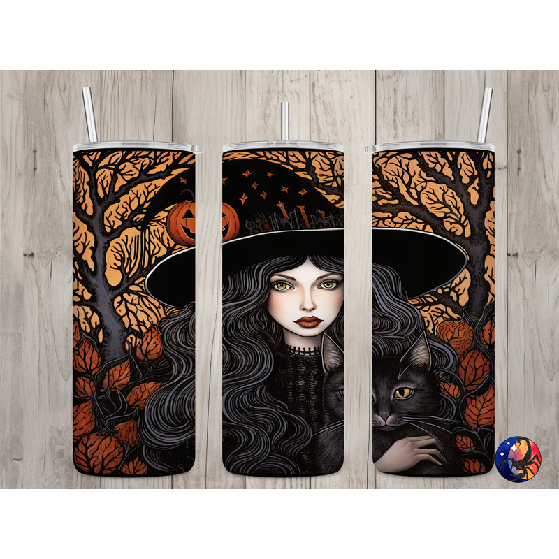 Seamless Goth Witch & Black Cat Design, Halloween 20 oz Skinny Straight Tumbler Sublimation Design, Tumbler Wrap, PNG File, Digital Download.jpg