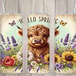 seamless hello spring cute highland cow design, spring 20 oz skinny straight tumbler sublimation design, tumbler wrap, p