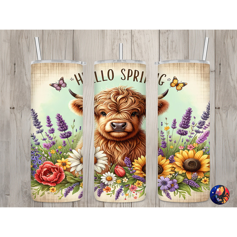 Seamless Hello Spring Cute Highland Cow Design, Spring 20 oz Skinny Straight Tumbler Sublimation Design, Tumbler Wrap, PNG Digital Download.jpg