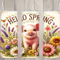 seamless hello spring cute pig floral design, spring 20 oz skinny straight tumbler sublimation design, tumbler wrap, pn