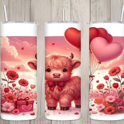 seamless highland cow balloons design, valentines 20 oz skinny straight tumbler sublimation design, tumbler wrap, png d