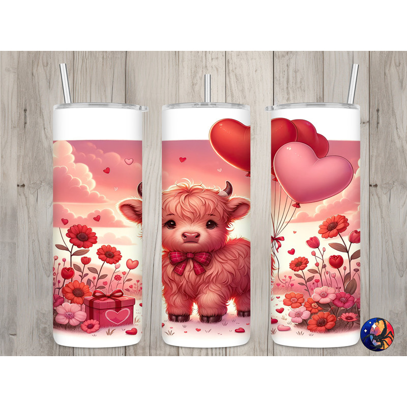 Seamless Highland Cow & Balloons Design, Valentine's 20 oz Skinny Straight Tumbler Sublimation Design, Tumbler Wrap, PNG Digital Download.jpg