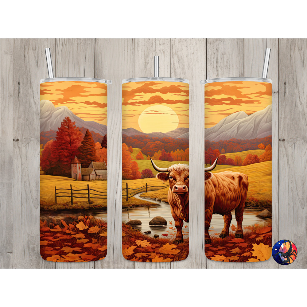 Seamless Highland Cow & Fall Landscape Design, Fall 20 oz Skinny Straight Tumbler Sublimation Design, Tumbler Wrap, PNG Digital Download.jpg