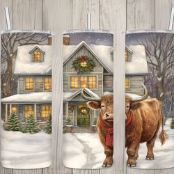 seamless highland cow farmhouse design, christmas 20 oz skinny straight tumbler sublimation design, tumbler wrap, png d