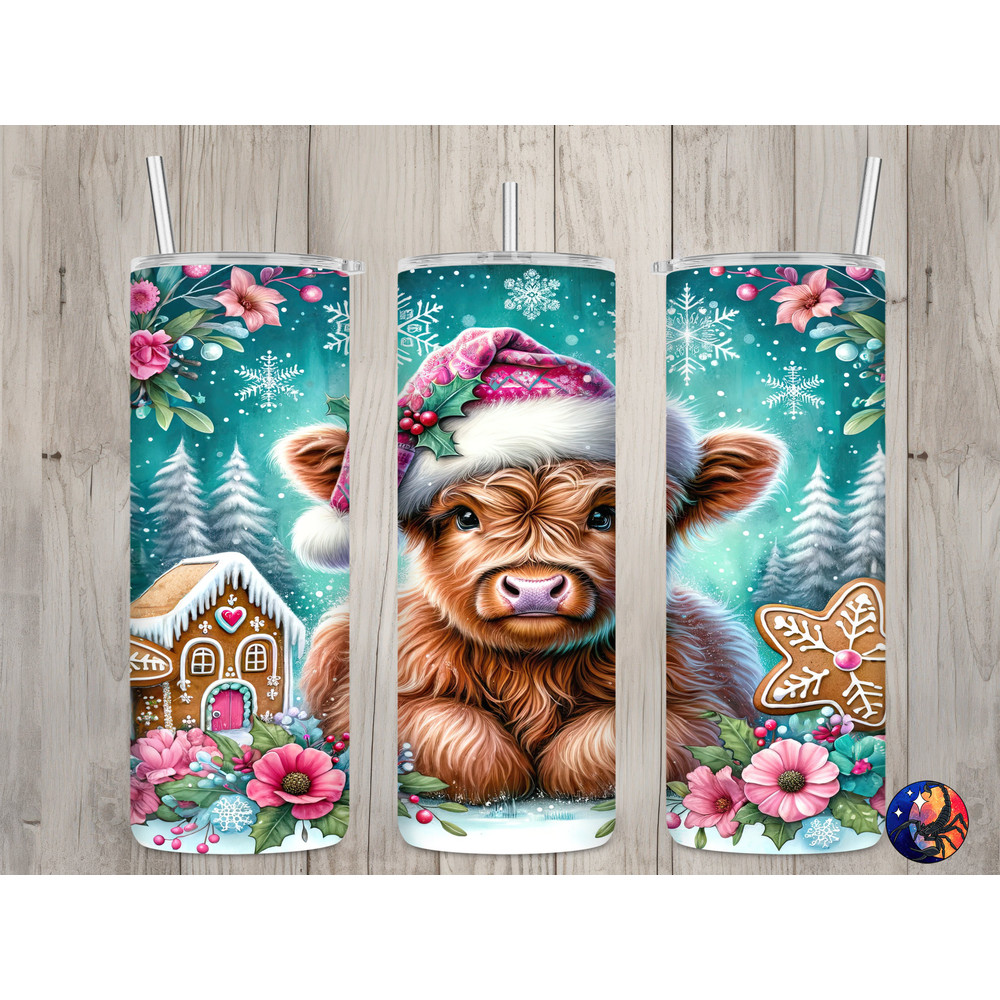 Seamless Highland Cow & Gingerbread Design, Christmas 20 oz Skinny Straight Tumbler Sublimation Design, Tumbler Wrap, PNG Digital Download.jpg