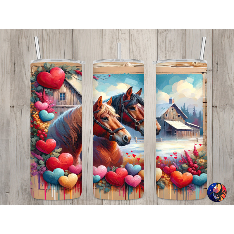 Seamless Horses Hearts & Rustic Barn Design, Valentine's 20oz Skinny Straight Tumbler Sublimation Design, Tumbler Wrap, PNG Digital Download.jpg