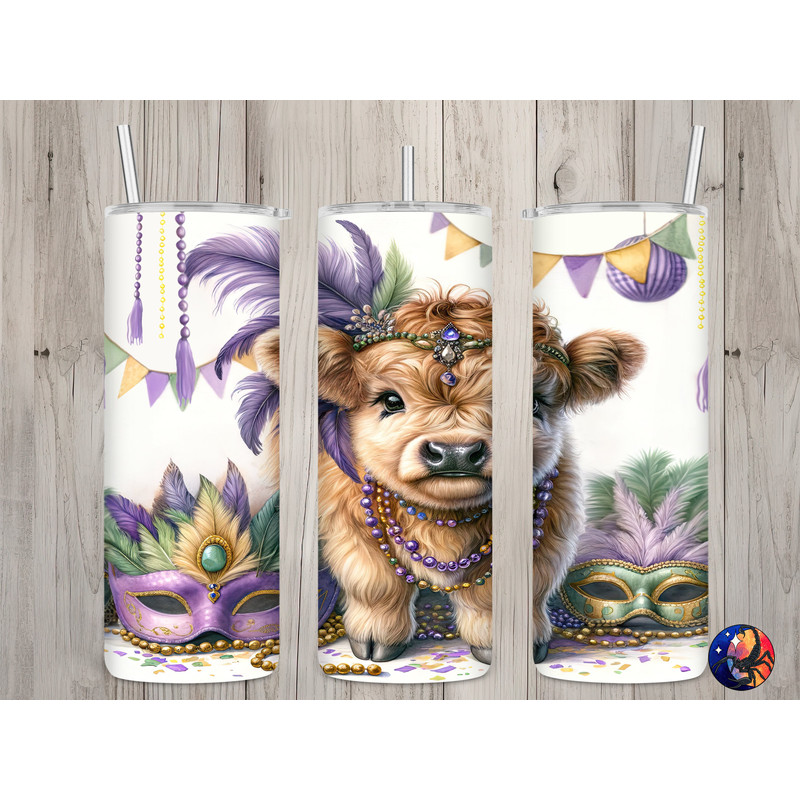 Seamless Mardi Gras Cute Highland Cow Design, Mardi Gras 20oz Skinny Straight Tumbler Sublimation Design, Tumbler Wrap, PNG Digital Download 1.jpg