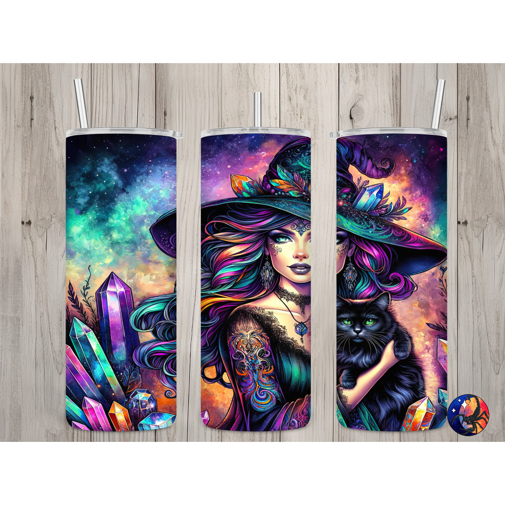 Seamless Mystical Witch Cat & Crystals Design, Boho 20 oz Skinny Straight Tumbler Sublimation Design, Tumbler Wrap, PNG Digital Download.jpg