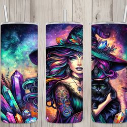 seamless mystical witch cat  crystals design, boho 20 oz skinny straight tumbler sublimation design, tumbler wrap, png d