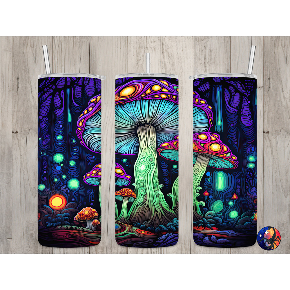 Seamless Neon Black Light Mushrooms Design, Mushrooms 20 oz Skinny Straight Tumbler Sublimation Design, Tumbler Wrap, PNG Digital Download.jpg