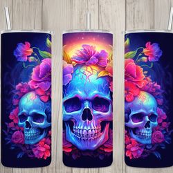 seamless neon floral skulls design, skulls 20 oz skinny straight tumbler sublimation design, tumbler wrap, png file, dig