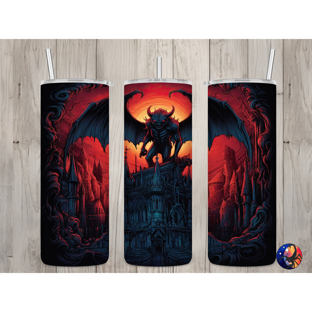 Seamless Neon Goth Gargoyle Design, Halloween 20 oz Skinny Straight Tumbler Sublimation Design, Tumbler Wrap, PNG File, Digital Download.jpg