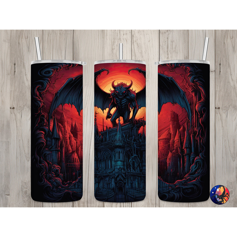 Seamless Neon Goth Gargoyle Design, Halloween 20 oz Skinny Straight Tumbler Sublimation Design, Tumbler Wrap, PNG File, Digital Download.jpg