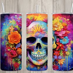 seamless neon graffiti sugar skull design, skull 20 oz skinny straight tumbler sublimation design, tumbler wrap, png fil