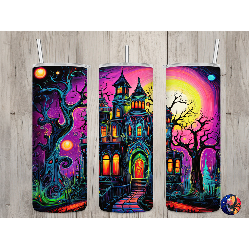 Seamless Neon Haunted Mansion Design, Halloween 20 oz Skinny Straight Tumbler Sublimation Design, Tumbler Wrap, PNG File, Digital Download.jpg