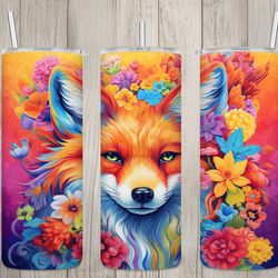 seamless neon rainbow fox floral ombre design, fox 20 oz skinny straight tumbler sublimation design, tumbler wrap, png