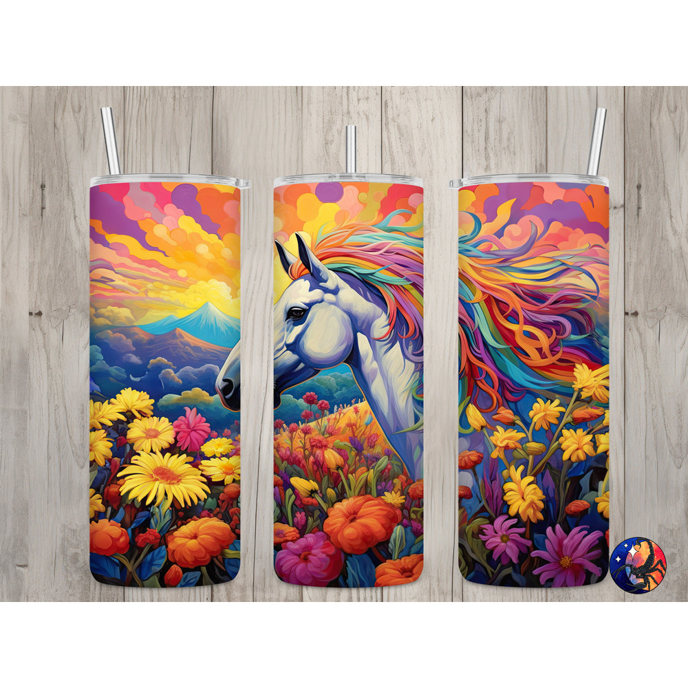 Seamless Neon Rainbow Horse & Floral Design, Horse 20 oz Skinny Straight Tumbler Sublimation Design, Tumbler Wrap, PNG Digital Download.jpg