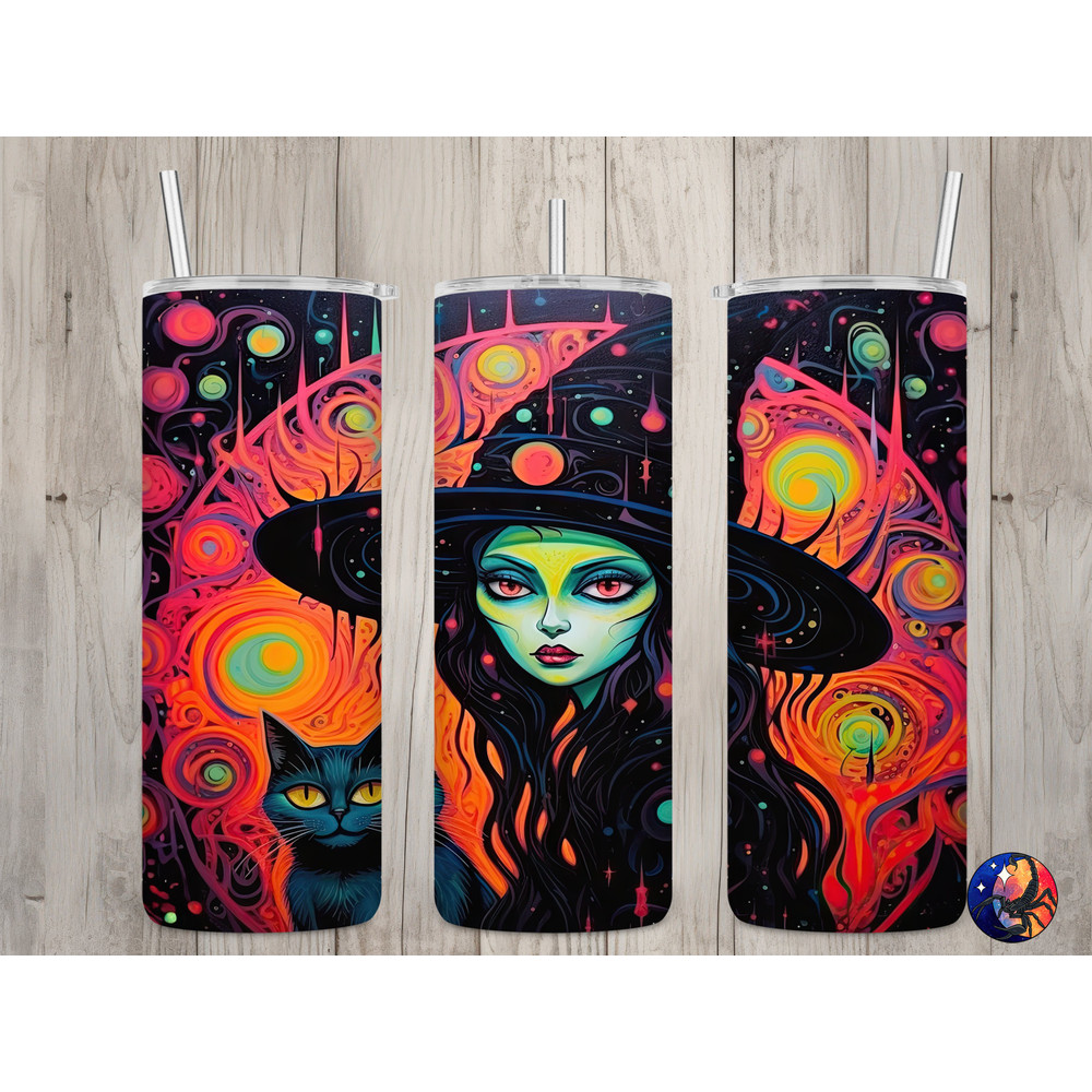 Seamless Neon Witch & Black Cat Design, Halloween 20 oz Skinny Straight Tumbler Sublimation Design, Tumbler Wrap, PNG File, Digital Download.jpg
