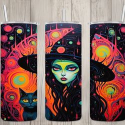 seamless neon witch  black cat design, halloween 20 oz skinny straight tumbler sublimation design, tumbler wrap, png fil