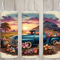 seamless old blue truck  country farm design, spring 20 oz skinny straight tumbler sublimation design, tumbler wrap, png