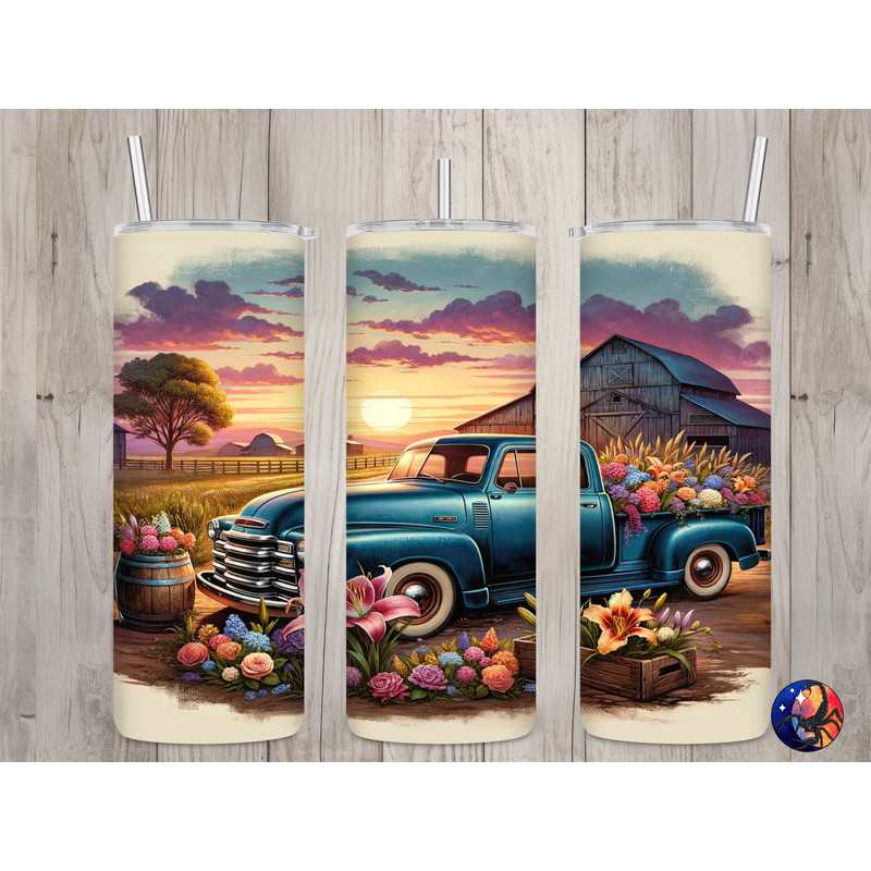 Seamless Old Blue Truck & Country Farm Design, Spring 20 oz Skinny Straight Tumbler Sublimation Design, Tumbler Wrap, PNG Digital Download.jpg