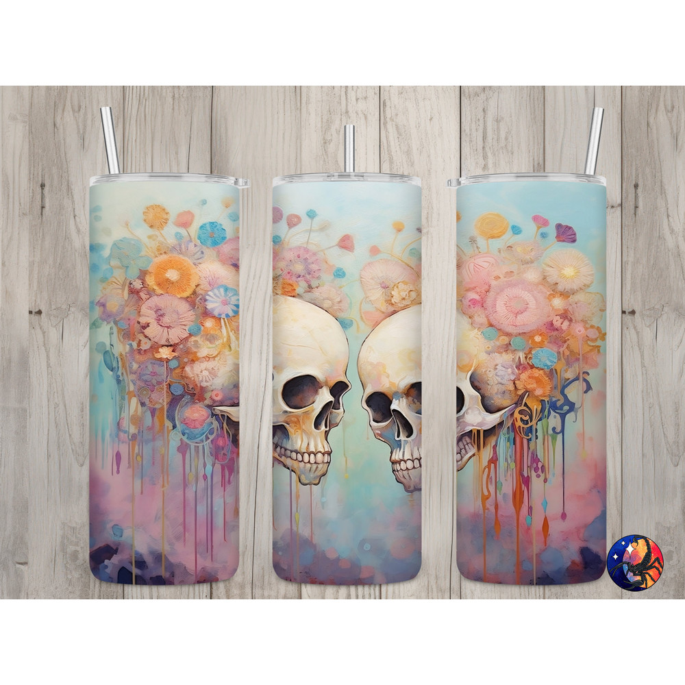 Seamless Painted Pastel Skulls & Floral Design, Skulls 20 oz Skinny Straight Tumbler Sublimation Design, Tumbler Wrap, PNG Digital Download.jpg