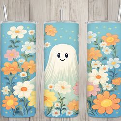 seamless pastel blue ghost  daisy design, halloween 20 oz skinny straight tumbler sublimation design, tumbler wrap, png