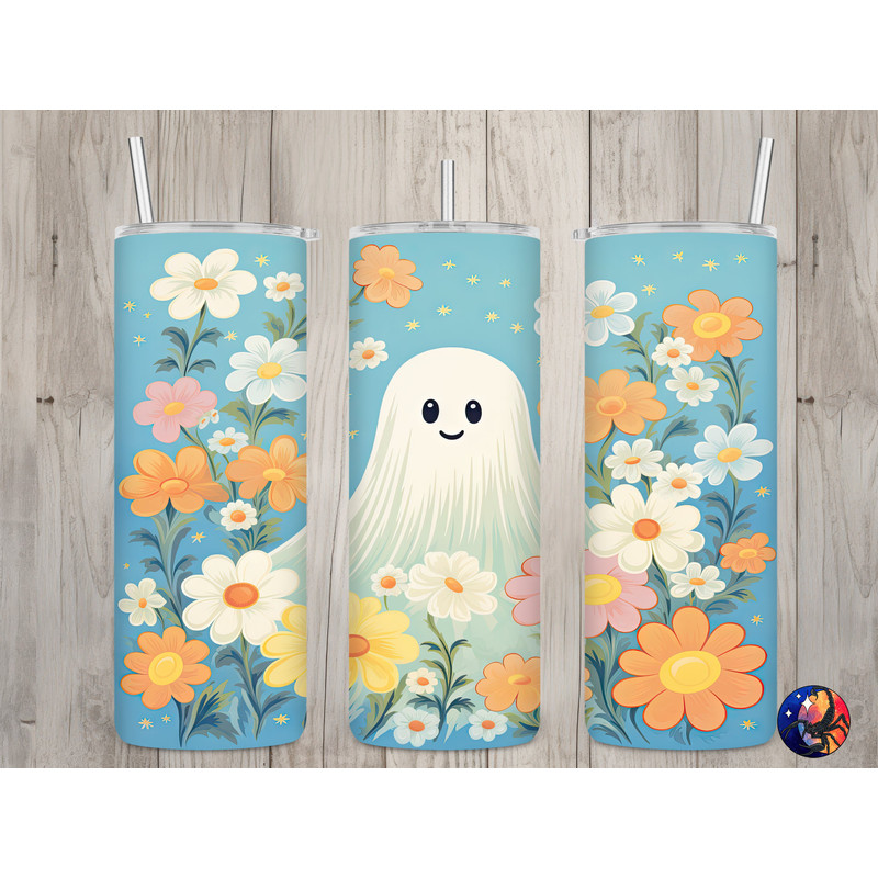 Seamless Pastel Blue Ghost & Daisy Design, Halloween 20 oz Skinny Straight Tumbler Sublimation Design, Tumbler Wrap, PNG Digital Download.jpg