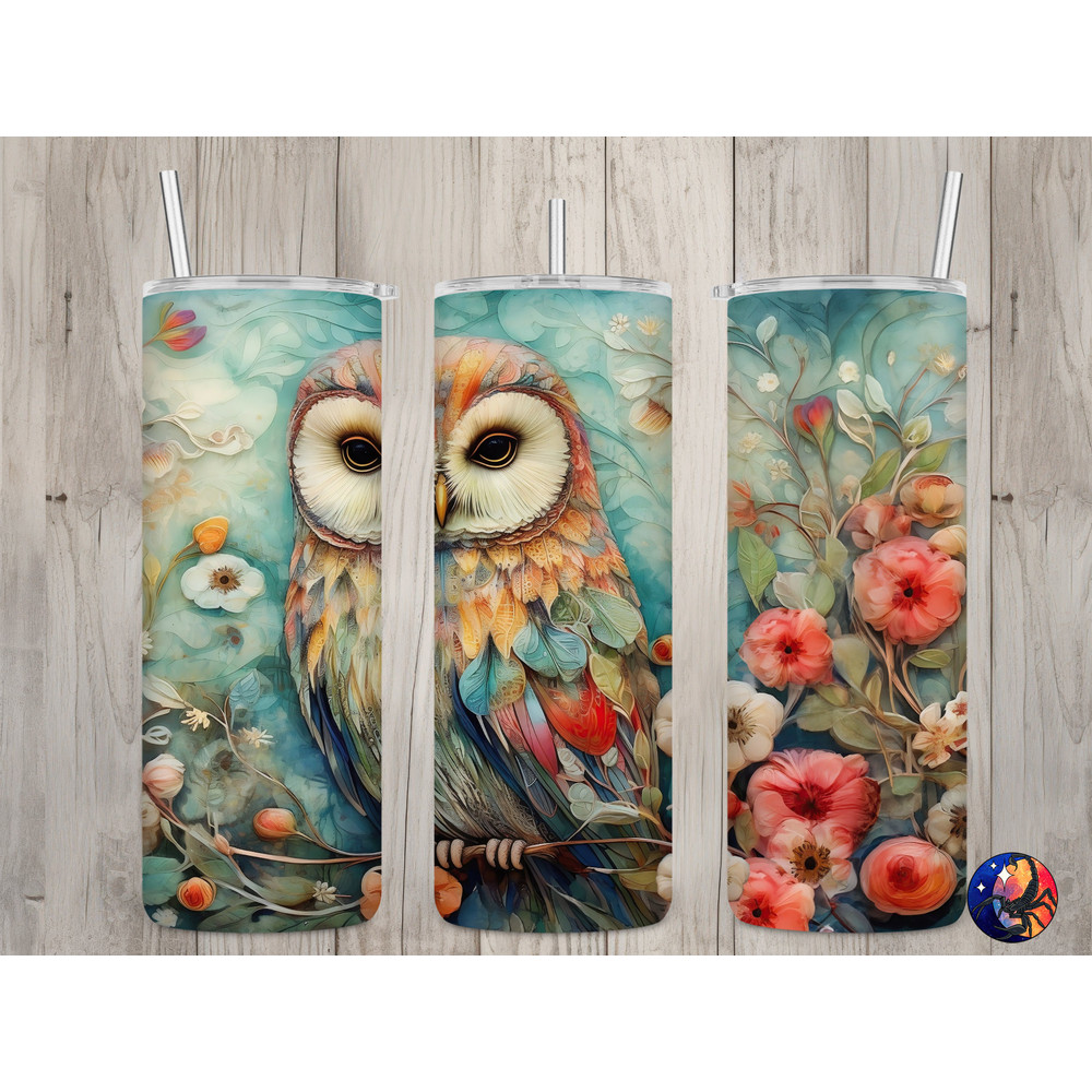 Seamless Pastel Colorful Barred Owl & Floral Design, Owl 20oz Skinny Straight Tumbler Sublimation Design, Tumbler Wrap, PNG Digital Download 1.jpg