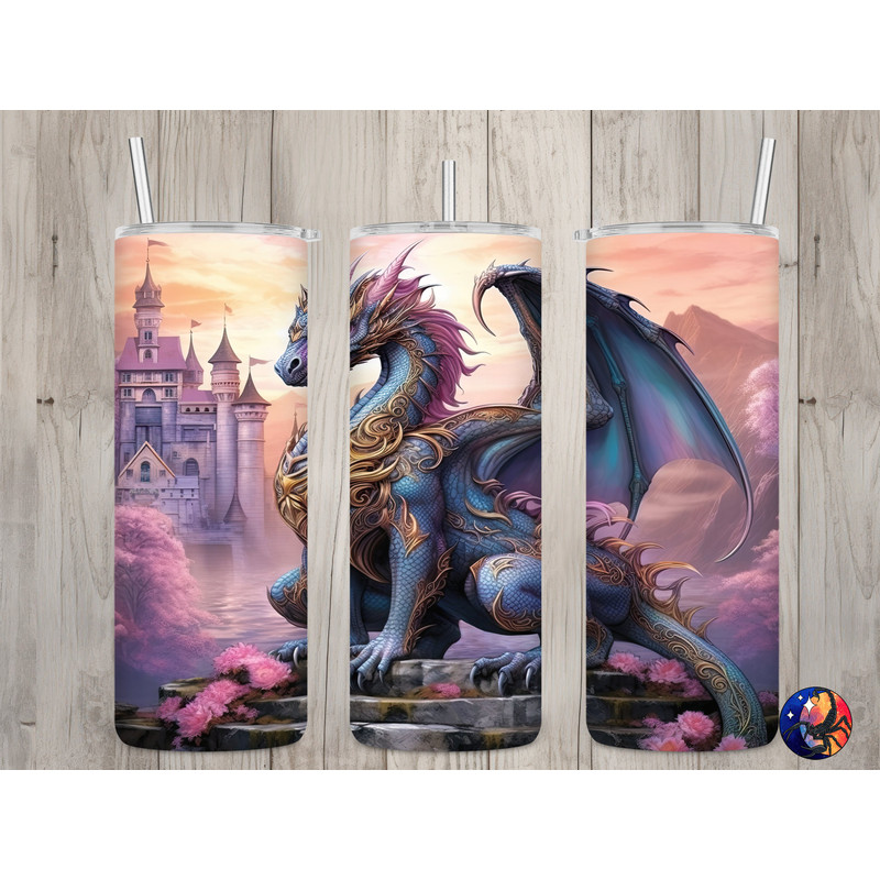 Seamless Pastel Dragon & Castle Design, Dragon 20 oz Skinny Straight Tumbler Sublimation Design, Tumbler Wrap, PNG File, Digital Download.jpg