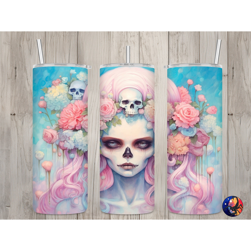 Seamless Pastel Goth Day of the Dead Design, Halloween 20 oz Skinny Straight Tumbler Sublimation Design, Tumbler Wrap, PNG Digital Download.jpg