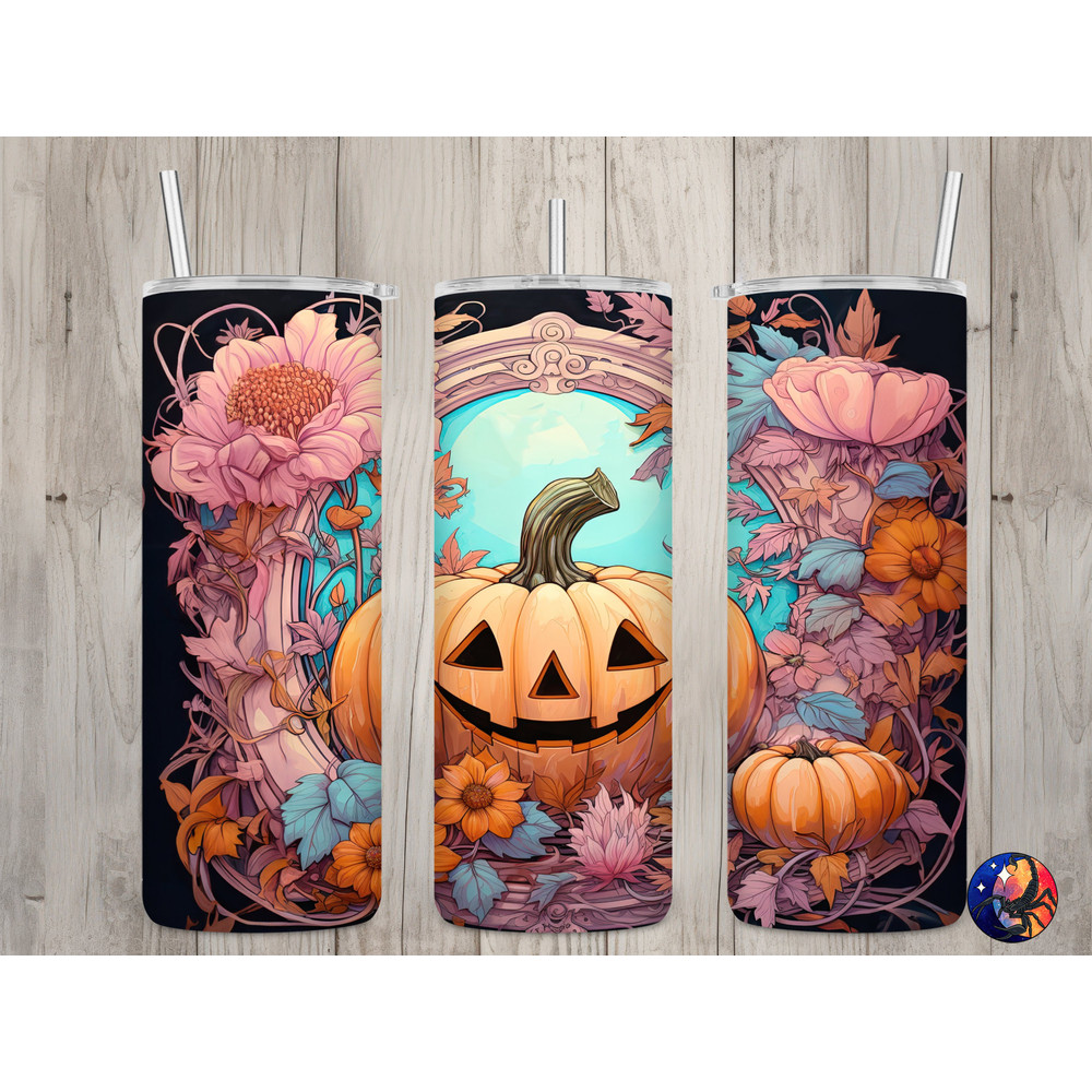 Seamless Pastel Jack O Lantern Floral Design, Halloween 20 oz Skinny Straight Tumbler Sublimation Design, Tumbler Wrap, PNG Digital Download.jpg