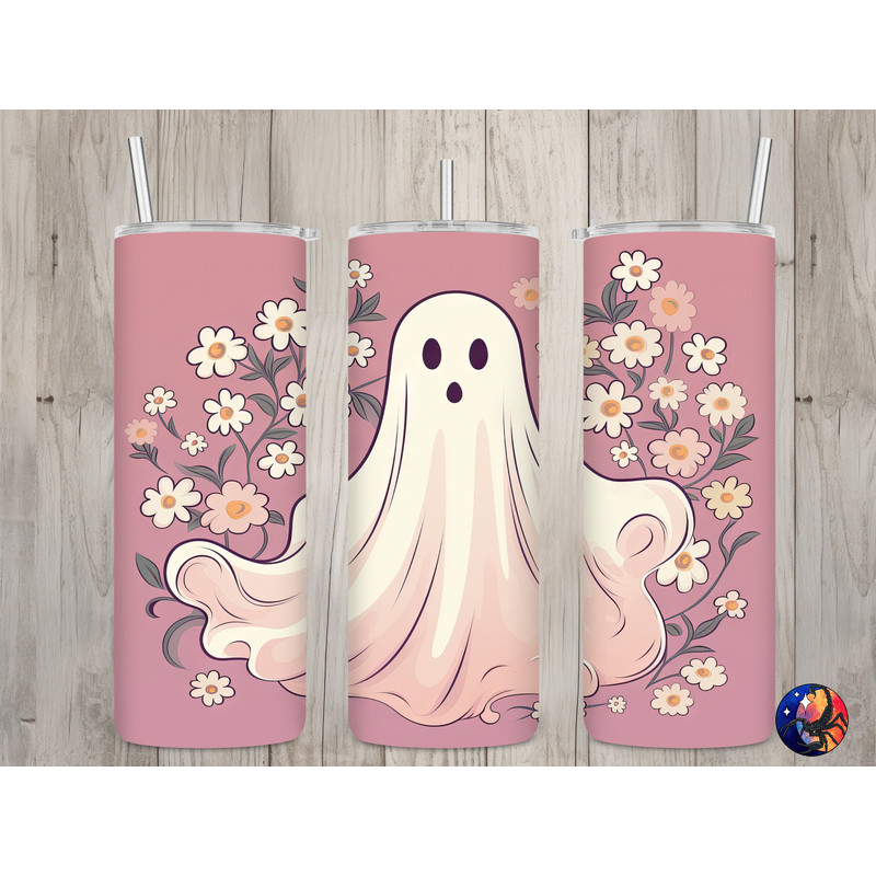 Seamless Pastel Pink Ghost & Daisy Design, Halloween 20 oz Skinny Straight Tumbler Sublimation Design, Tumbler Wrap, PNG Digital Download.jpg