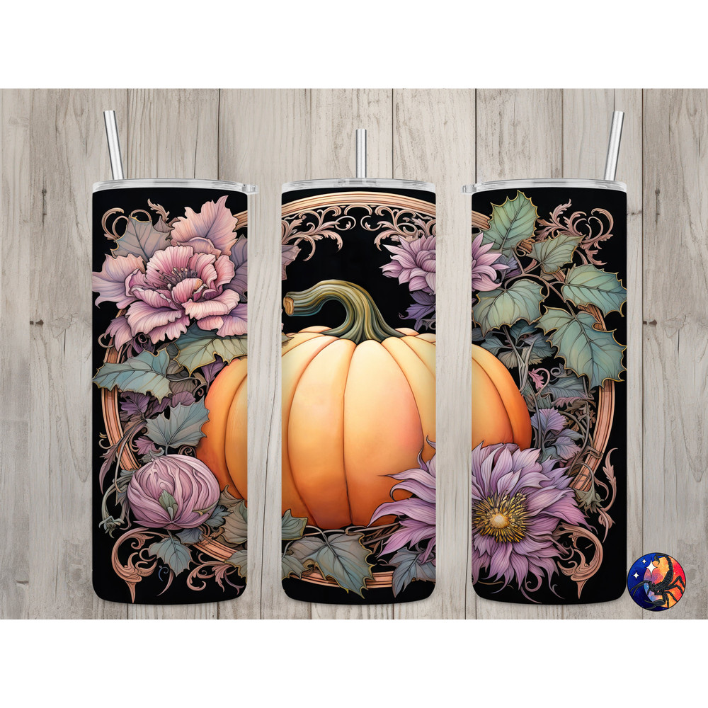 Seamless Pastel Pumpkin & Purple Floral Design, Fall 20 oz Skinny Straight Tumbler Sublimation Design, Tumbler Wrap, PNG Digital Download.jpg