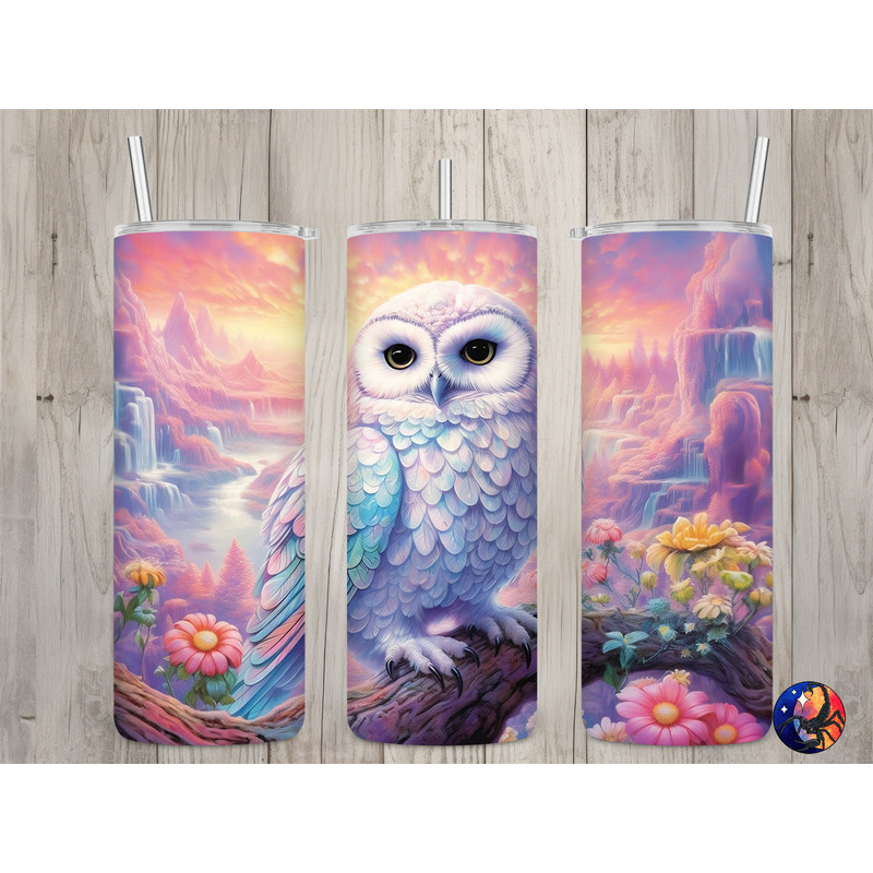 Seamless Pastel White Snowy Owl & Waterfall Design, Owl 20 oz Skinny Straight Tumbler Sublimation Design, Tumbler Wrap, PNG Digital Download 1.jpg