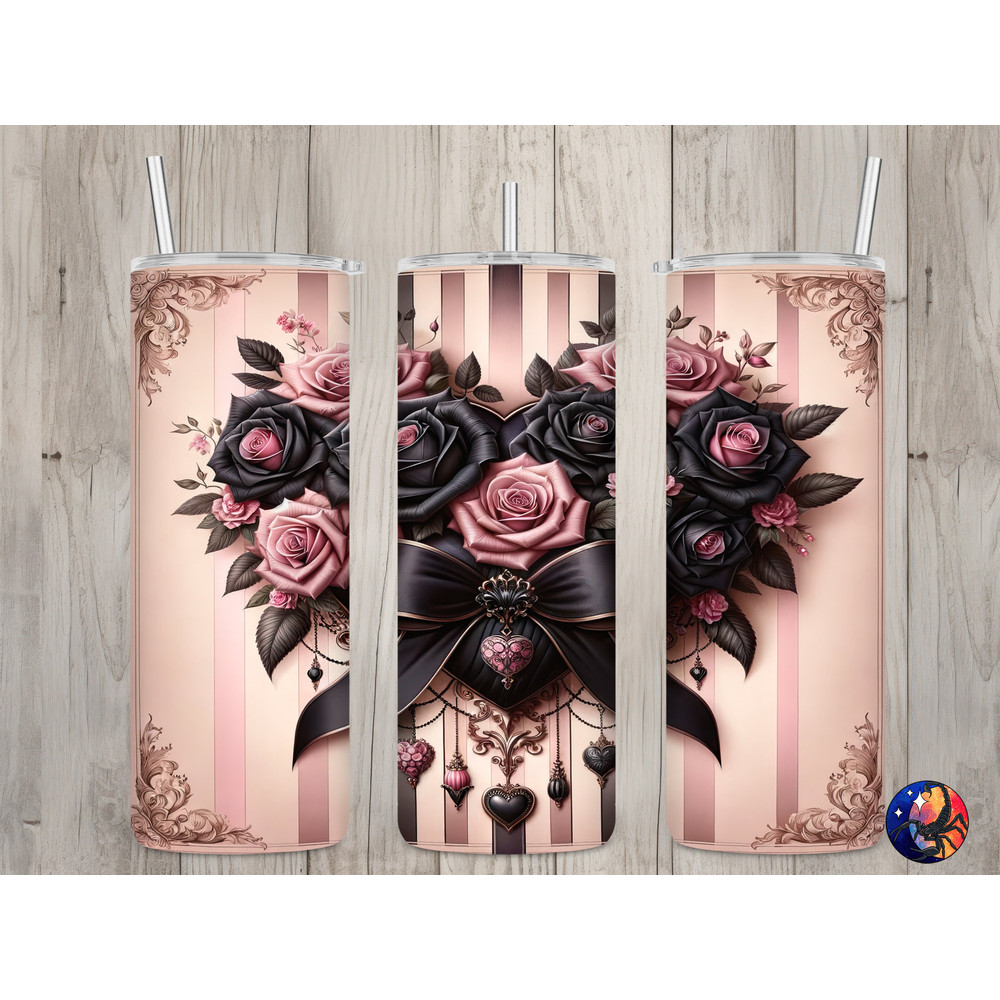Seamless Pink & Black Rose Heart Design, Valentine's 20 oz Skinny Straight Tumbler Sublimation Design, Tumbler Wrap, PNG Digital Download.jpg