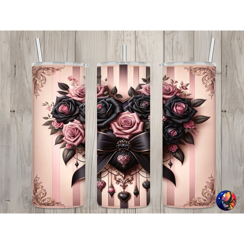 Seamless Pink & Black Rose Heart Design, Valentine's 20 oz Skinny Straight Tumbler Sublimation Design, Tumbler Wrap, PNG Digital Download.jpg