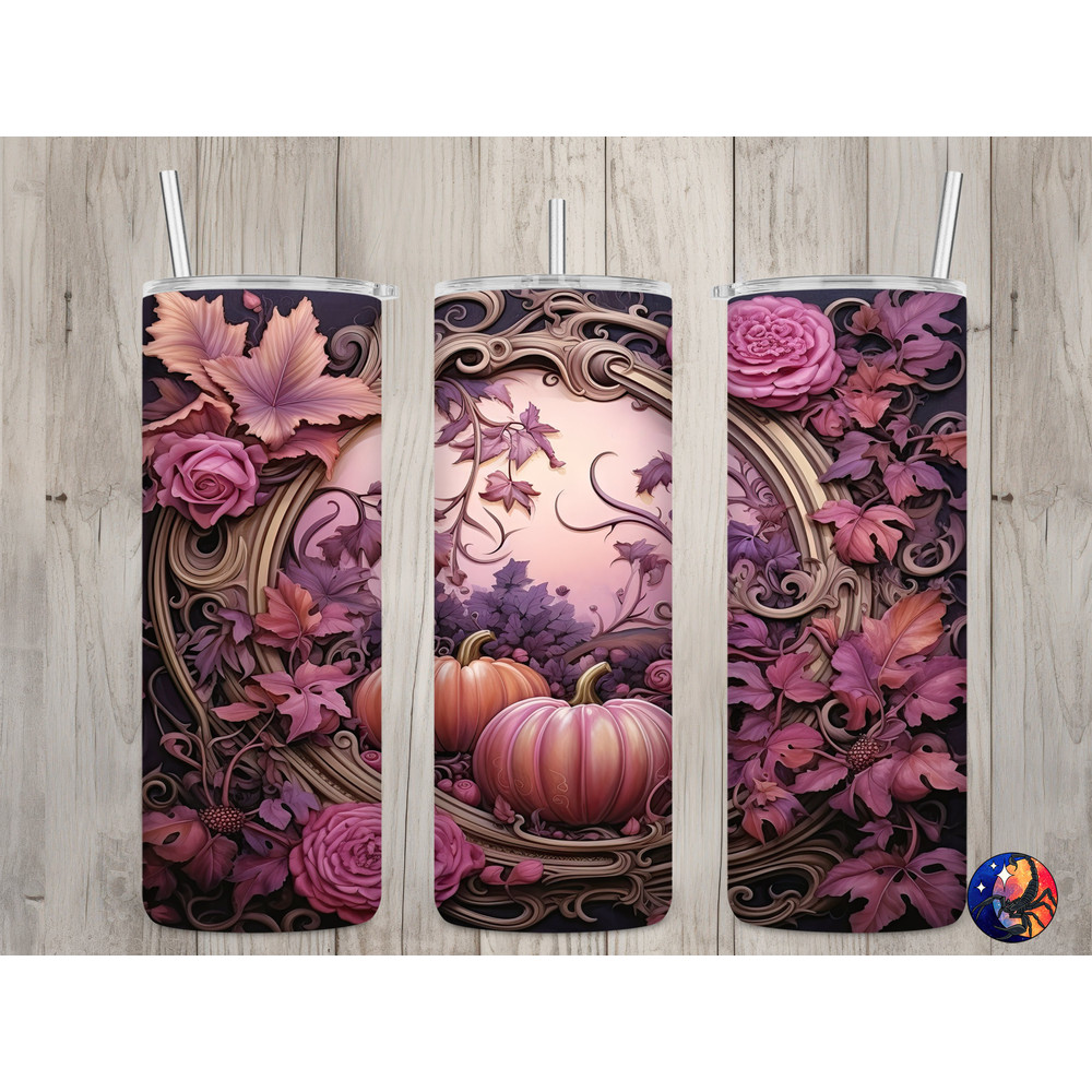 Seamless Pink & Orange Pumpkin Floral Design, Fall 20 oz Skinny Straight Tumbler Sublimation Design, Tumbler Wrap, PNG Digital Download.jpg